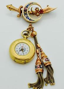 WOW! One of a kind antique Ottoman 14k gold&enamel Yataghan brooch&watch.UNIQUE!