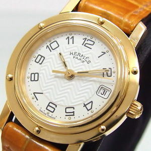 Pre-Owned HERMES Clipper CL.4.285 Ladies YG/Leather Quartz White Dial Watch, MD