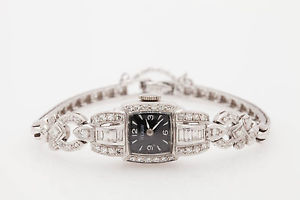 Antique 1940s $9000 Tilbury Black Dial 3ct VS G Diamond Platinum Ladies Watch