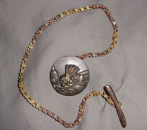 ANTIQUE JAPANESE SHAKUDO WATCH FOB W/ CHRISANTEMUMS & MENUKI BUTTON Ca 1880