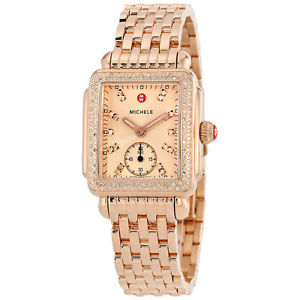 NEW MICHELE DECO 16 ROSE GOLD-TONE BEIGE DIAMOND DIAL LADIES WATCH MWW06V000093
