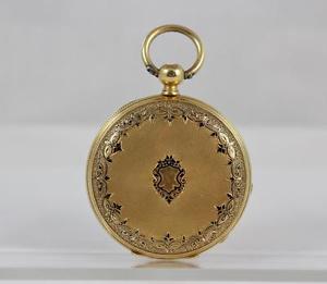 BOREL & COURVOISIER NEUCHATEL 18K GOLD BLACK ENAMEL HUNTERS CASE POCKET WATCH