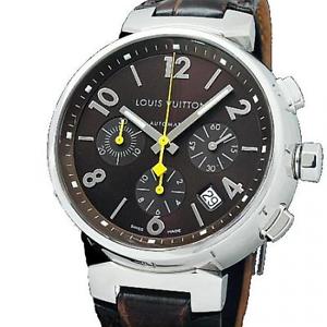 Pre-Owned LOUIS VUITTON Tambour Chrono SS/Leather Dark Brown Mens Watch Q1121,MR