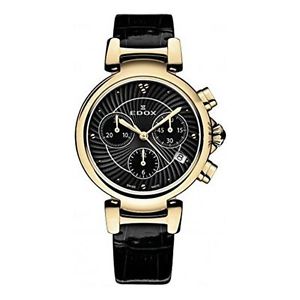 Edox 10220 37RC NIR Womens Black Dial Analog Quartz Watch with Leather Strap