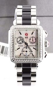 NEW MICHELE MWW06A000717 DECO DIAMOND MOTHER OF PEARL LADIES BLACK CERAMIC WATCH