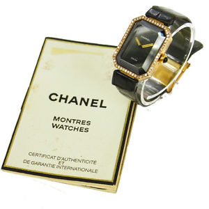 Authentic CHANEL Vintage Premiere Diamond Bezel Wristwatch Crocodile Belt V08584