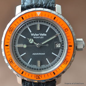 WYLER VETTA AQUARAMA ORANGE ACRYLIC BEZEL 38.5MM RARE DIVER INCAFLEX MOVEMENT