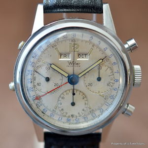 WYLER INCAFLEX VALJOUX 72C TRIPLE CALENDAR CHRONOGRAPH 37MM STEEL GREAT PATINA
