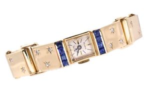 Vintage Felaris Watch Bracelet, 14 K Gold, Diamond and Sapphire Accent 17 Jewels