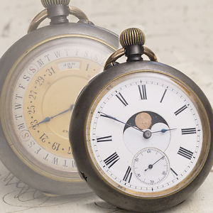RARE DOUBLE-SIDED MOON PHASE & CALENDAR Antique Pocket Watch