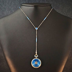1904 Waltham 14K Gold Enamel & Diamond Pendant Watch w/ Original Enamel Necklace