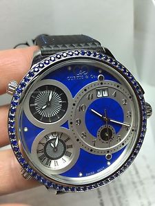 CURTIS & CO. MENS BIG TIME WORLD FOUR TIME ZONE WATCH BLUE SAPPHIRE BEZEL STEEL