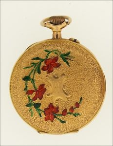 Swiss Lady's Pendant  Pocket Watch 18K Yellow Gold Enamel Hunter Case
