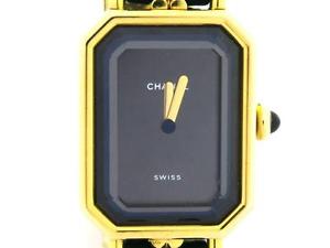 Auth Chanel Metal Leather Strap Premiere L Watch Gold/ Black UD.76365