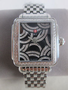 New Michele Art of Deco Diamond Black Ladies Watch MW06T01A1993 Stainless Band