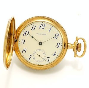 23 JEWELS WALTHAM RIVERSIDE MAXIMUS POCKET WATCH IN 14K GOLD HUNTER CASE CA1907