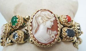 Vintage Unique Cameo Bracelet with Watch in 14k Yellow Gold