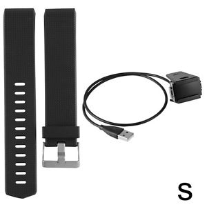 Black Replacement Wristband with Metal Clasp + Charger for Fitbit Charge 2