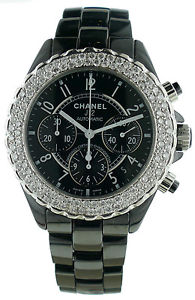 Ladies Chanel J12 Chronograph Black Ceramic Watch W/ Diamond Bezel H0940