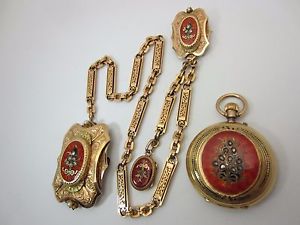 Antique Louis Favre Sandoz 18k gold diamond enamel pocket watch chain pin locket