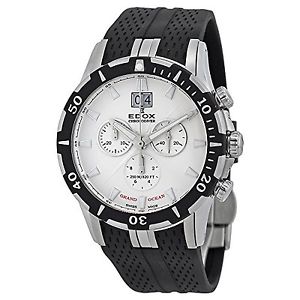 Edox Grand Ocean Chronograph White Dial Black Rubber Mens Watch 10022-3-AIN New