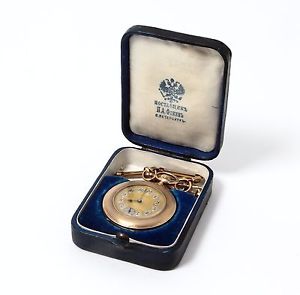 Men's pocket gold watch *Moulinet*. Russian Imperia box and gold chain.