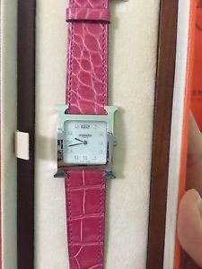 100% Auth***Hermes H Watch Pink Croc Leather MOP Diamond Bezel Size GM