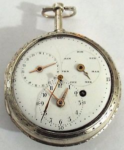 A VERY RARE LARGE SILVER CALENDAR JUMP SWEEP SECOND HAND  VERGE FUSEE WATCH
