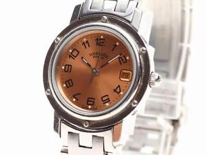Pre-Owned HERMES Clipper CL4.210 Quartz SS Orange Dial Women Wristwatch, LL