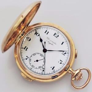 GENUINE REPEATER & CHRONOGRAPH SIGNED ANGELUS SOLID 18K GOLD HUNTER POCKET WATCH