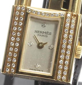 Auth HERMES KELLY WATCH 18K Solid Gold Diamond Bezel Leather belt Ladies_308946