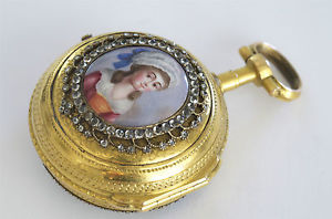 PRISTINE GEM SET ENAMEL GILT SWISS PAIR CASE VERGE FUSEE ANTIQUE POCKET WATCH