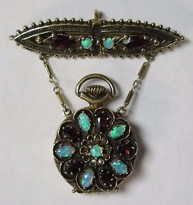 Stunning Vintage Solid 14k Gold Garnet & Opal Brooch Pendant Watch By Lee Mors