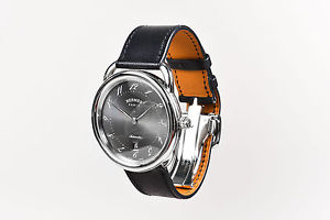Hermes NIB $4350 Stainless Steel Black Leather "Arceau TGM" Automatic Watch