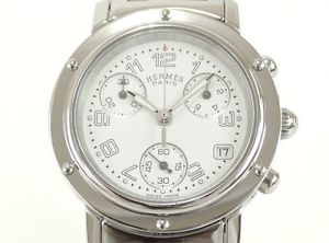 Pre-Owned HERMES Clipper Chrono CL1.310 Ladies SS White Quartz Watch, MD