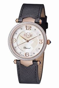 GV2 by Gevril Women's Sassari Watch 1001 MOP Dial Swarovski Black Leather