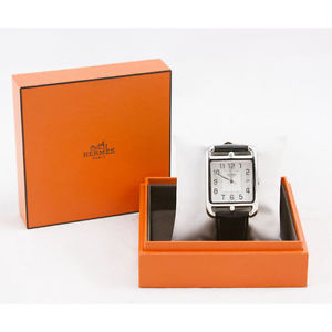 HERMES AUTHENTIC Cape cod TGM CC1.810 silver watch with black alligator strap