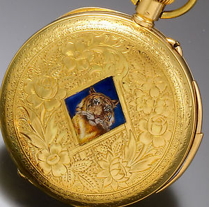 Rare 18K Gold Minute Repeater Pocket Watch Engraved Enamel Tiger Case CA1890