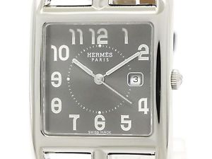 Polished HERMES Cape Cod Steel Leather Quartz Mens Watch CC2.710 (BF109435)