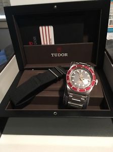 Tudor Black Bay Red Bezel Watch Steel Bracelet Box And Papers