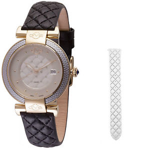 GV2 By Gevril Women's 1503 Berletta Diamonds Gold IP Black Leather Date Watch