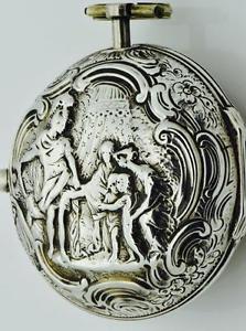 MUSEUM Renaissance Verge Fusee Repousse silver pair case watch.Tarts,London.1730