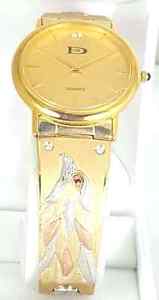 14k men's gold watch (band only 14k)  Don Carlos quartz movement watch.