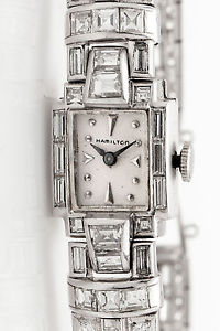 Vintage $20,000 Hamilton 10ct French Cut Baguette Diamond Platinum Ladies Watch
