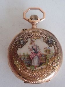14k SOLID 2 COLOR GOLD VULCAIN VOLTA DITISHEIM POCKET WATCH ROMANTIC ENAMEL