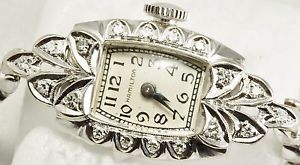 Vintage Ladies Hamilton 14k White Gold Wrist Watch with Diamonds