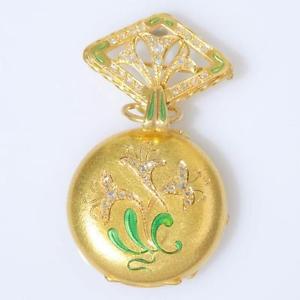 UNIQUE ULYSSE NARDIN 18K SOLID GOLD DIAMONDS ENAMEL PENDANT POCKET WATCH BROOCH
