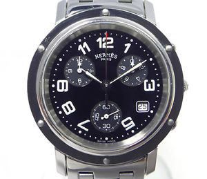 Pre-Owned Hermes Clipper Chrono SS Black Dial Men's Quartz Wristwatch CL1.910,MR