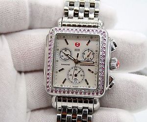 Ladies Michele Deco SS Quartz Chronograph Diamond & Pink Sapphire Wristwatch.