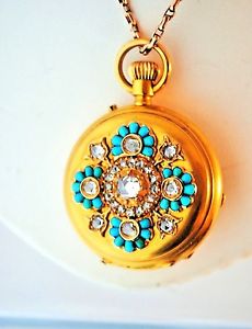 Gorgeous ANTIQUE18 Kt Gold DIAMONDS Turquoise Hunters Case POCKET WATCH-French